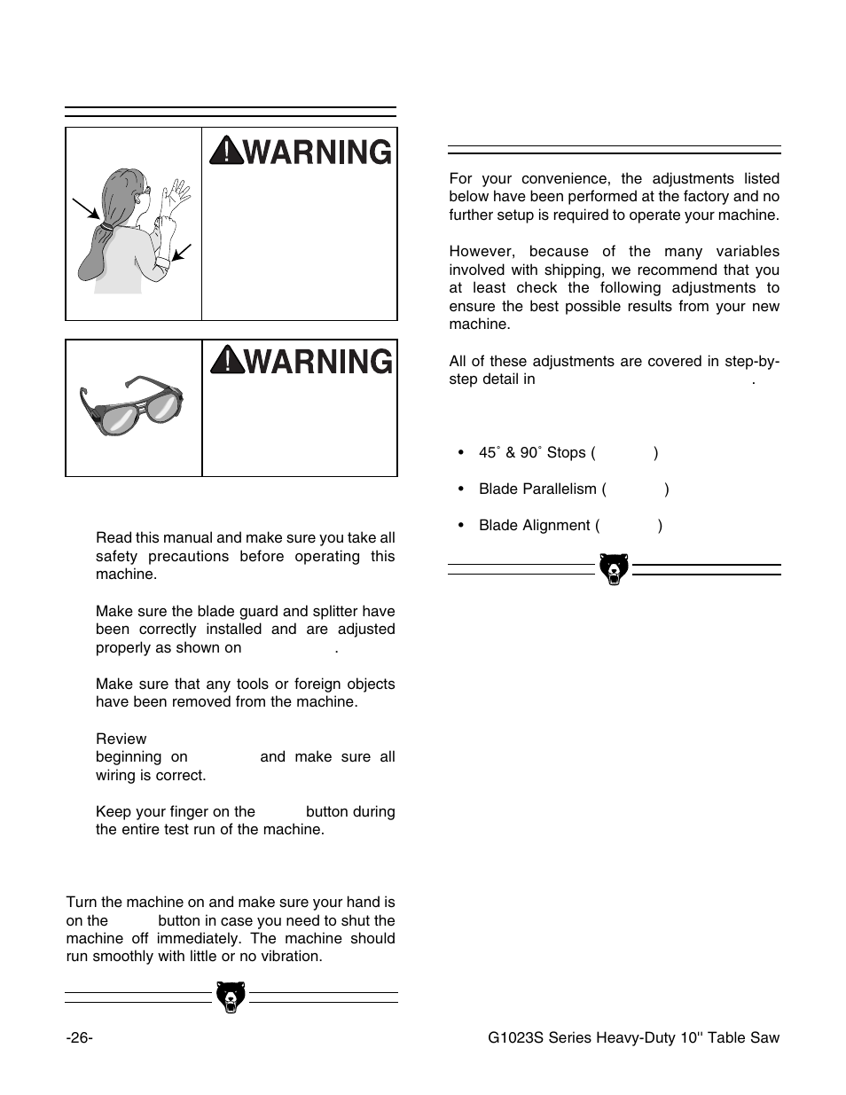 Start up recommended adjustments | Grizzly G1023S User Manual | Page 29 / 60
