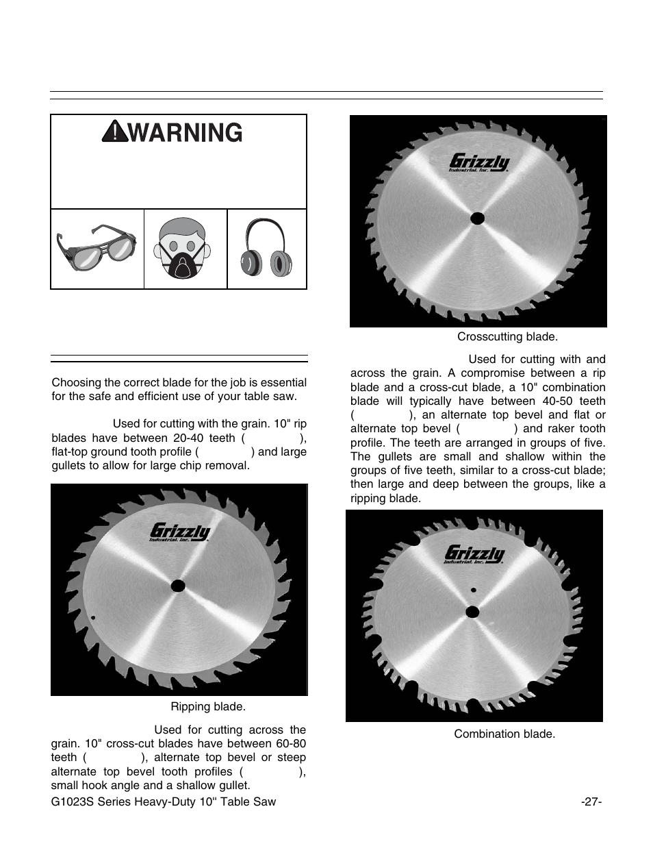 Blade selection | Grizzly G1023S User Manual | Page 30 / 60