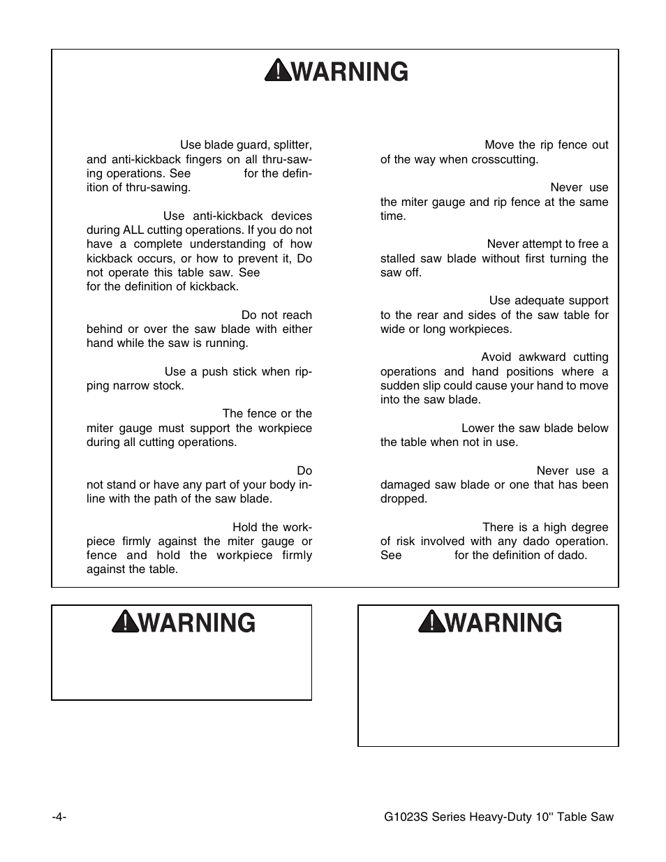 Additional safety instructions for table saws | Grizzly G1023S User Manual | Page 7 / 60