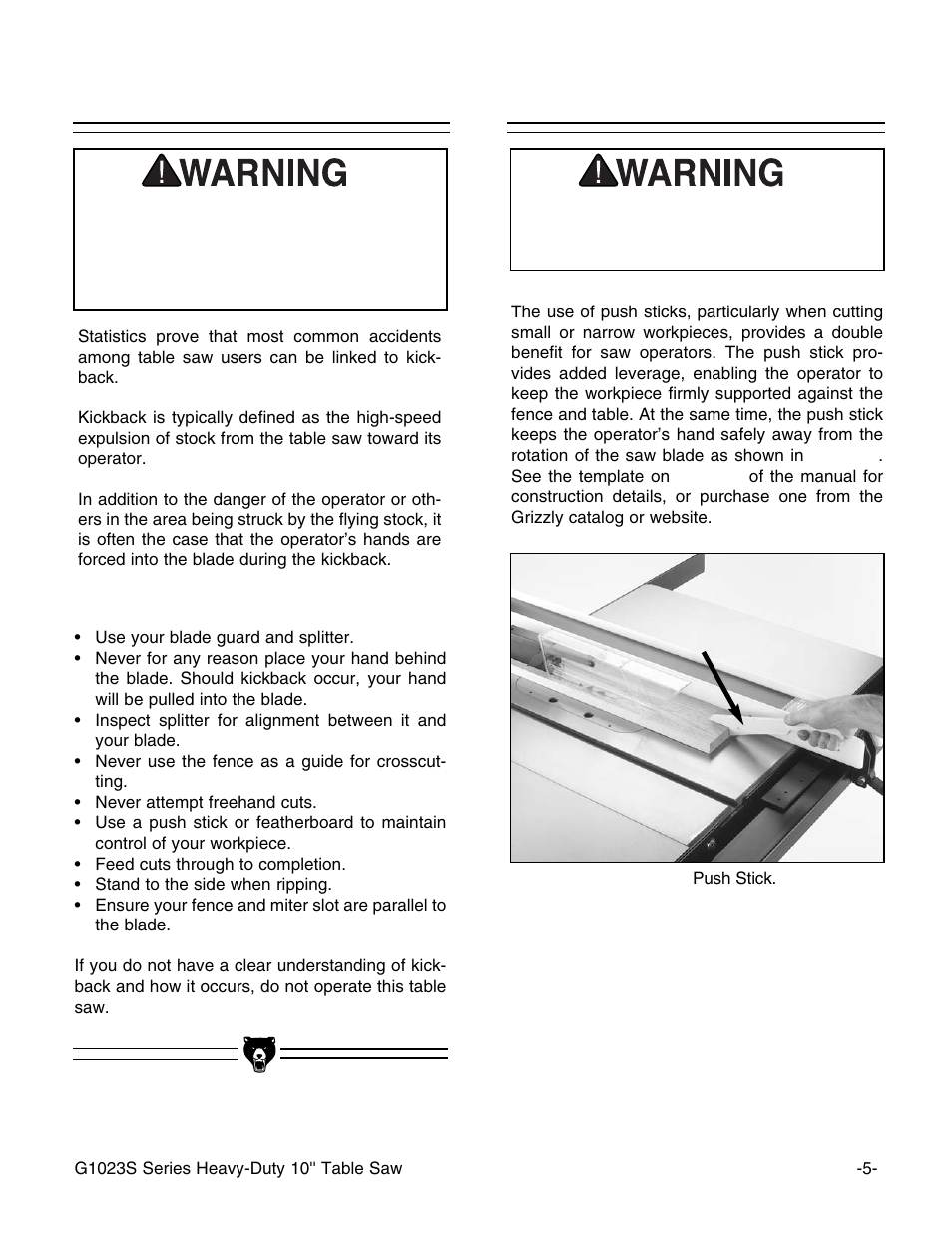 Safety accessories, Avoiding kickback | Grizzly G1023S User Manual | Page 8 / 60