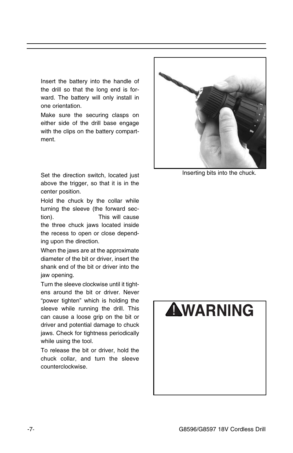 Operation, Inserting battery into drill | Grizzly G8597 1 /2-inch User Manual | Page 7 / 13