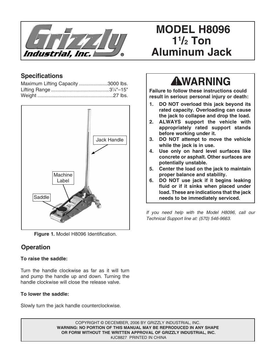 Grizzly 1 1/2 Ton Aluminum Jack H8096 User Manual | 6 pages