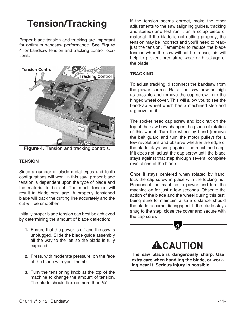 Tension/tracking | Grizzly G1011Z User Manual | Page 12 / 41