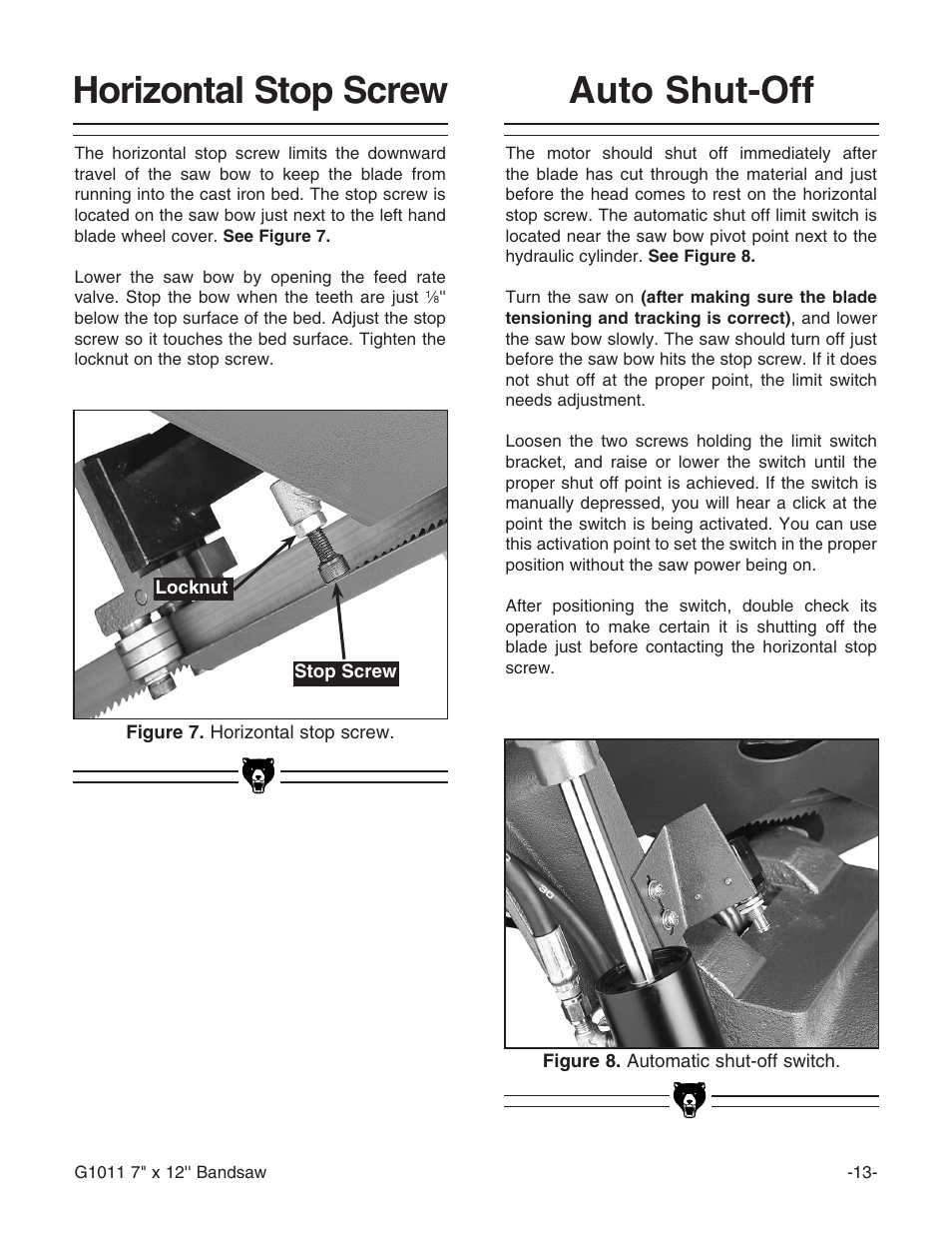 Horizontal stop screw, Auto shut-off | Grizzly G1011Z User Manual | Page 14 / 41