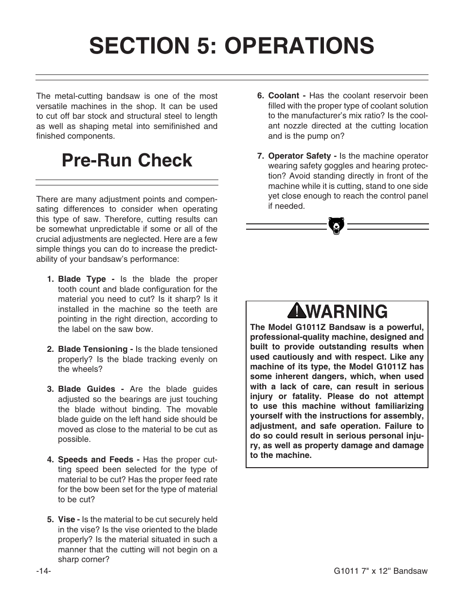 Pre-run check | Grizzly G1011Z User Manual | Page 15 / 41