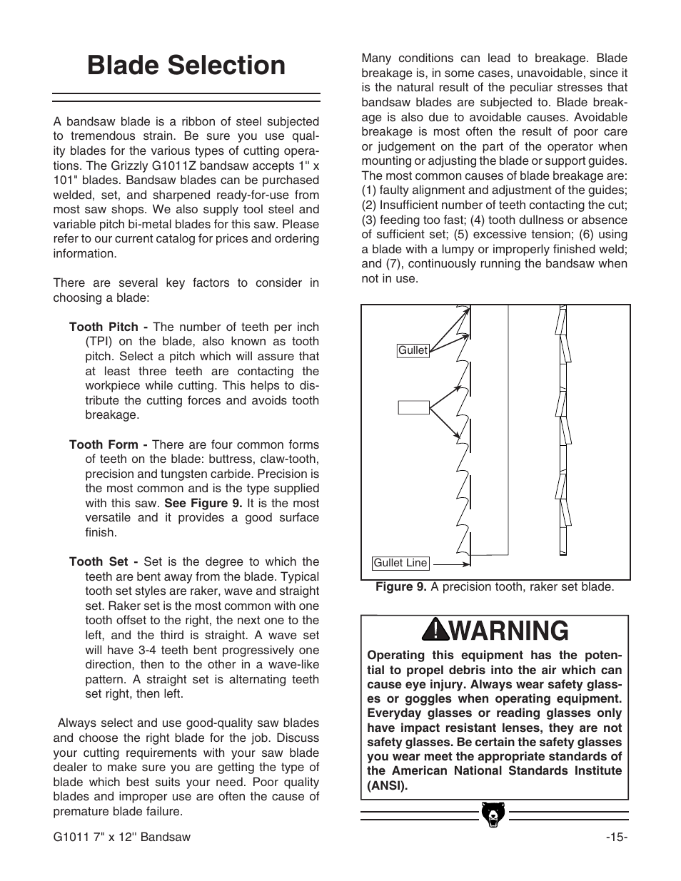 Blade selection | Grizzly G1011Z User Manual | Page 16 / 41