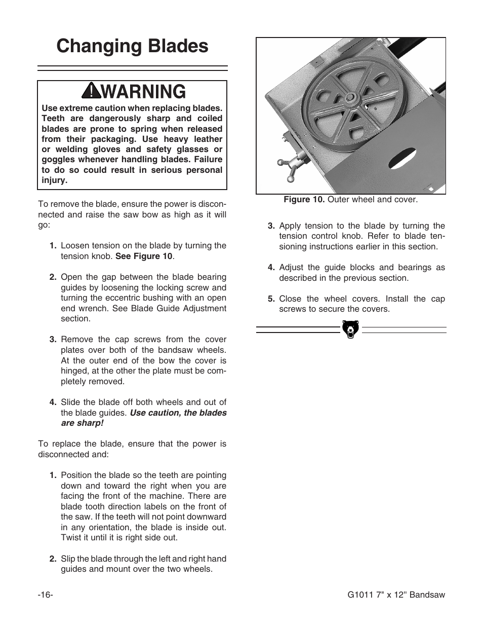 Changing blades | Grizzly G1011Z User Manual | Page 17 / 41