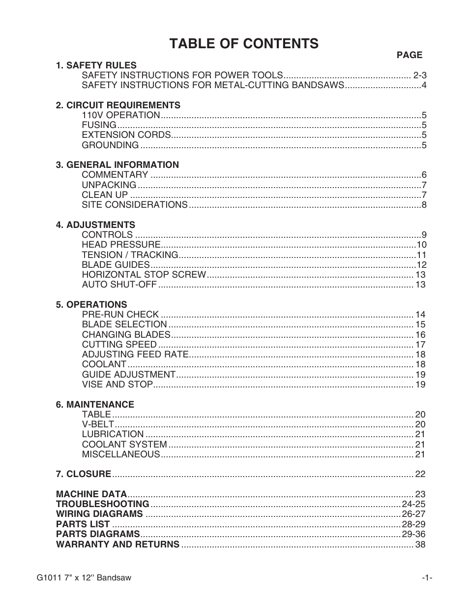 Grizzly G1011Z User Manual | Page 2 / 41