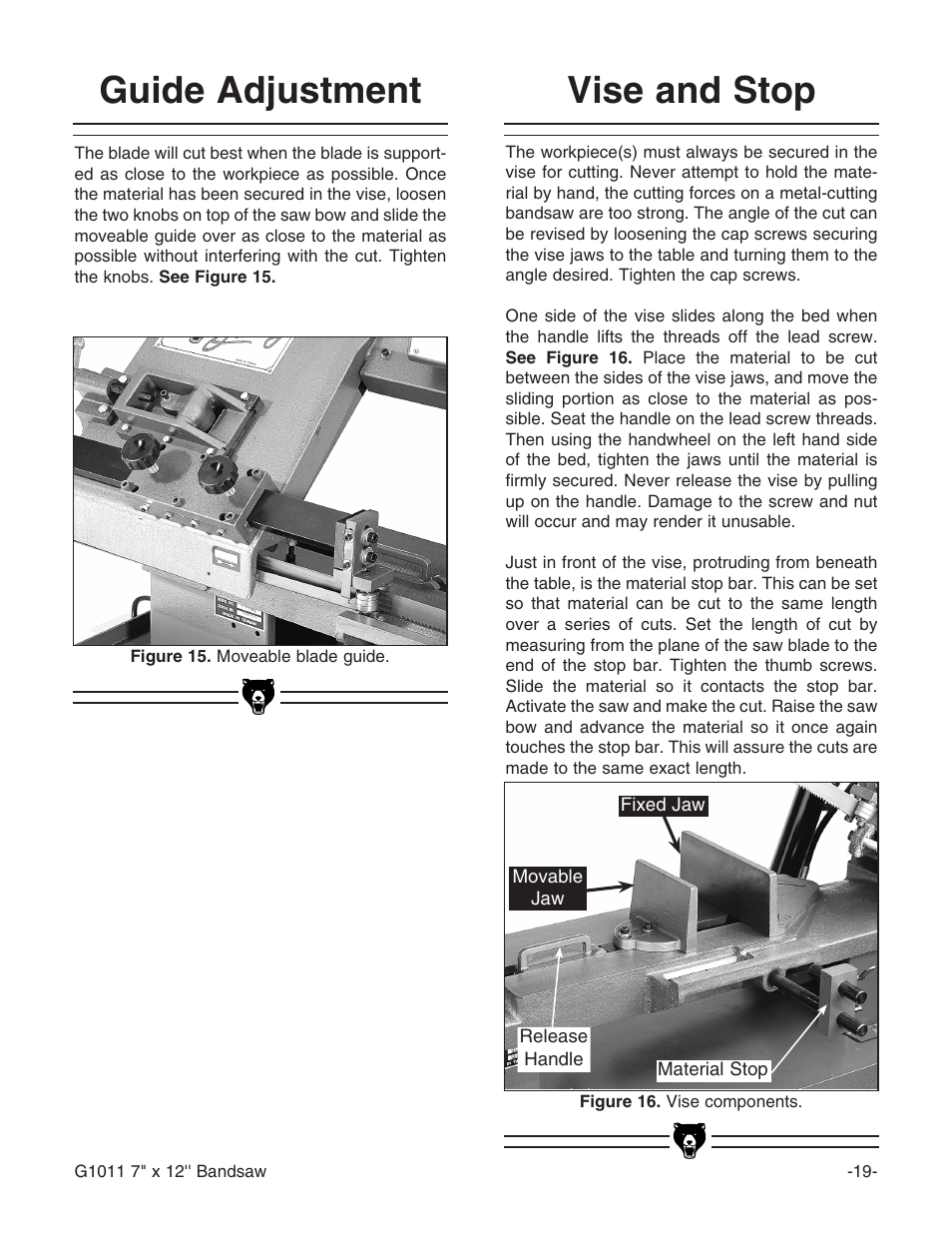 Vise and stop, Guide adjustment | Grizzly G1011Z User Manual | Page 20 / 41