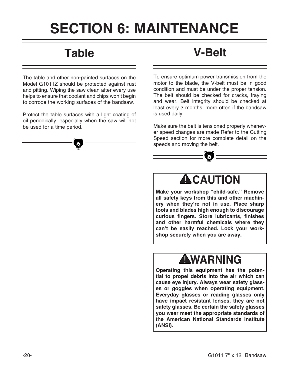 V-belt, Table | Grizzly G1011Z User Manual | Page 21 / 41