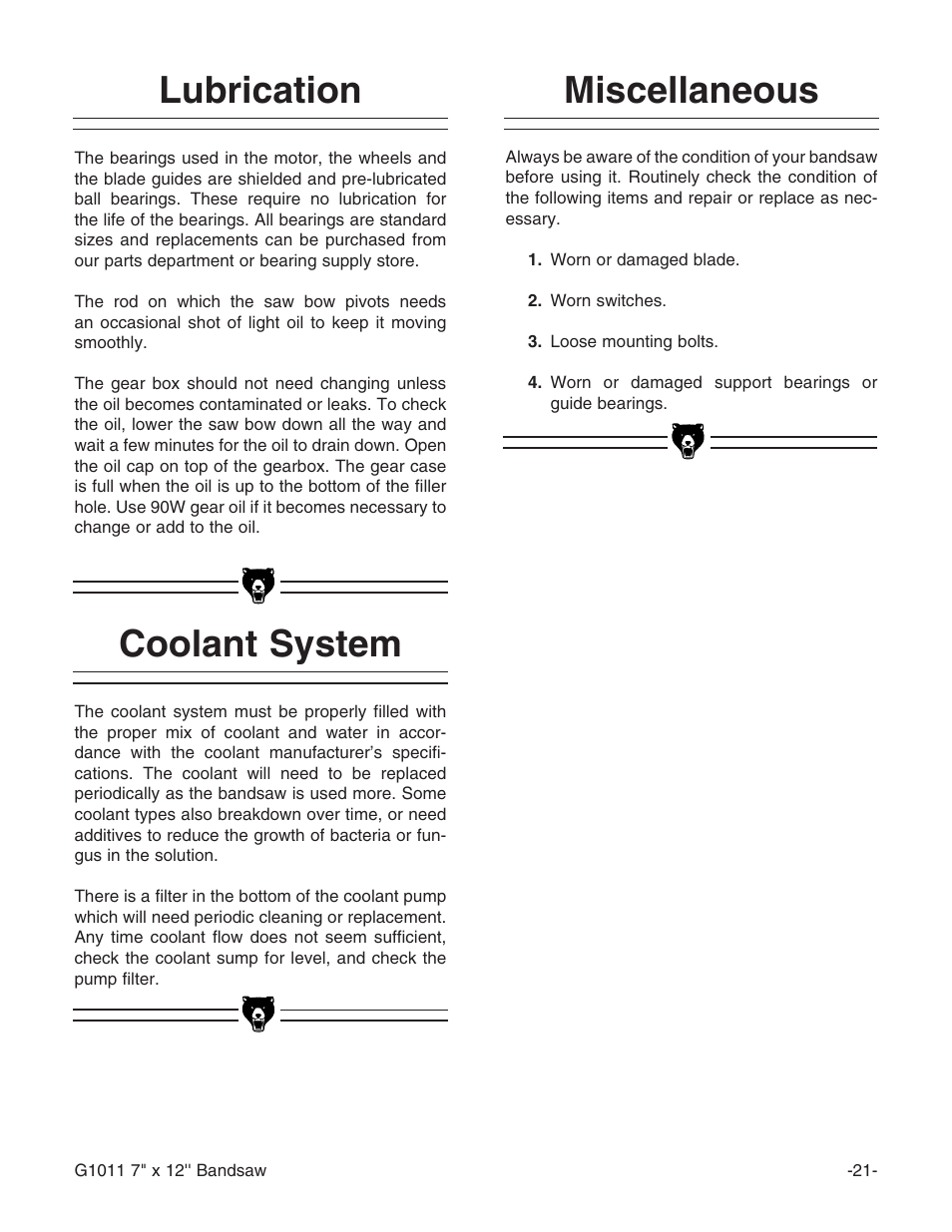 Lubrication, Miscellaneous, Coolant system | Grizzly G1011Z User Manual | Page 22 / 41