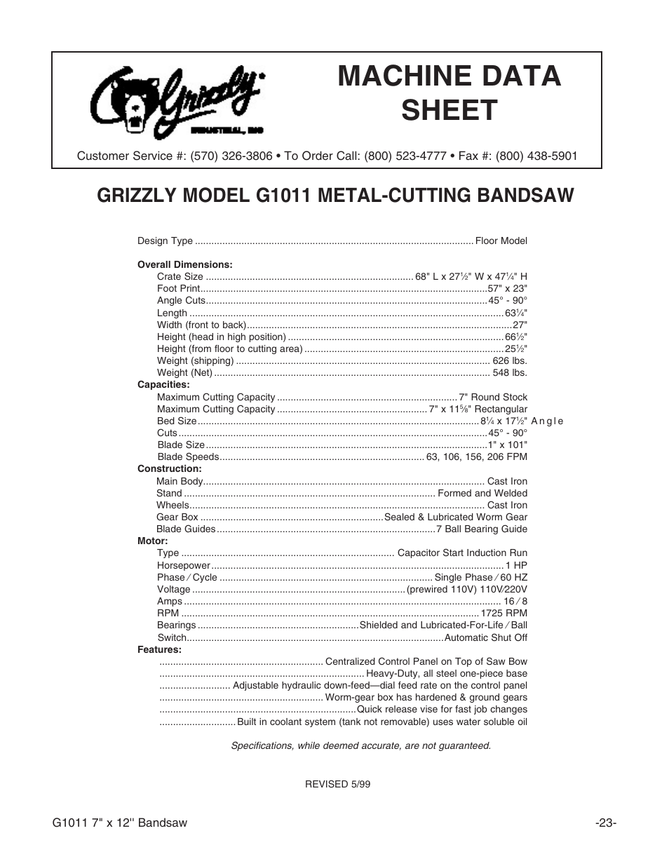 Machine data sheet, Grizzly model g1011 metal-cutting bandsaw | Grizzly G1011Z User Manual | Page 24 / 41