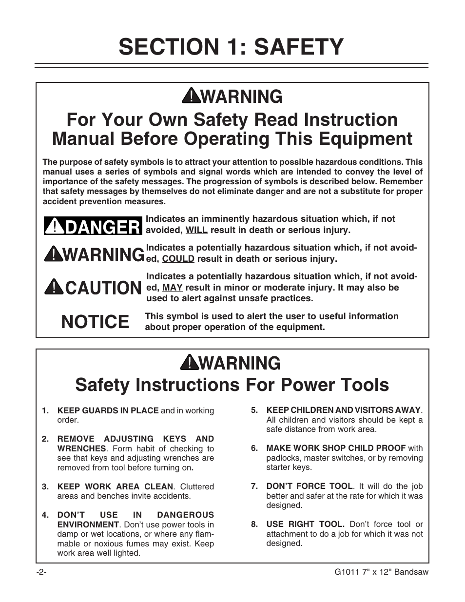 Safety instructions for power tools, Notice | Grizzly G1011Z User Manual | Page 3 / 41