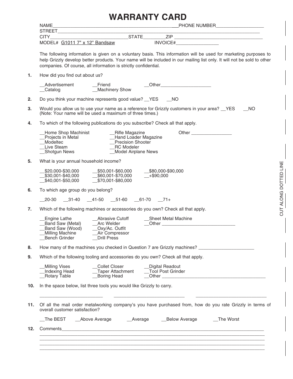 Warranty card | Grizzly G1011Z User Manual | Page 40 / 41