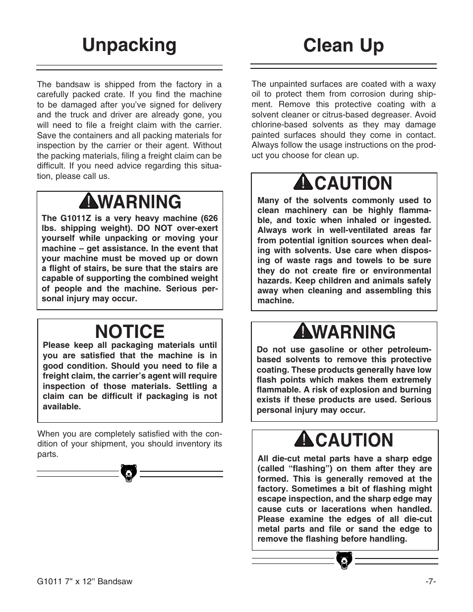 Unpacking, Notice, Clean up | Grizzly G1011Z User Manual | Page 8 / 41