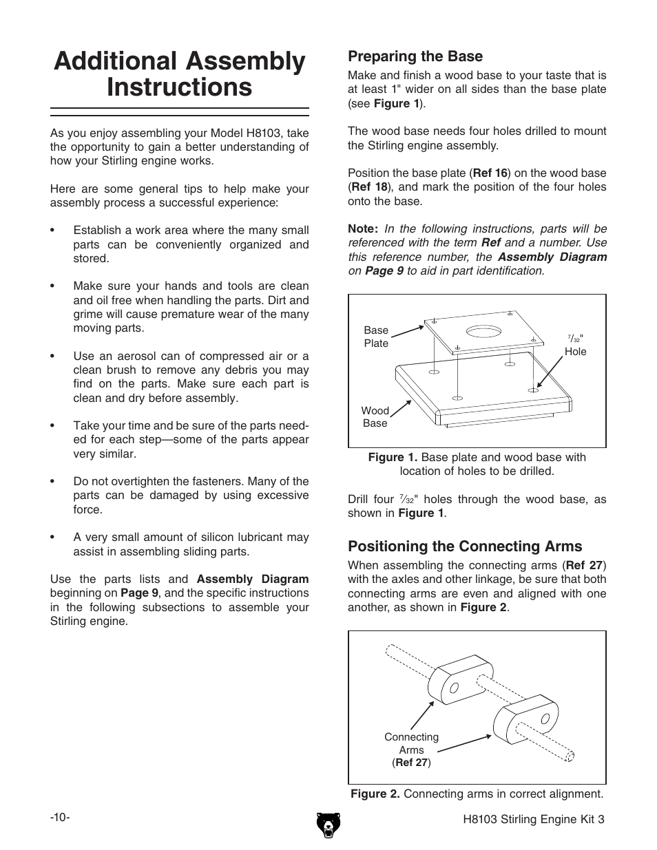 Additional assembly instructions, Preparing the base, Positioning the connecting arms | Grizzly STIRLING ENGINE KIT 3 H8103 User Manual | Page 12 / 28