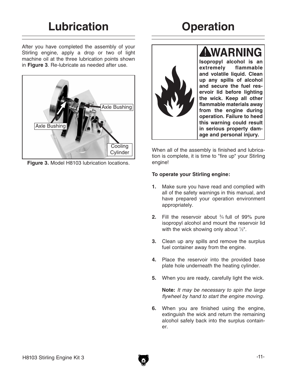 Operation, Lubrication | Grizzly STIRLING ENGINE KIT 3 H8103 User Manual | Page 13 / 28