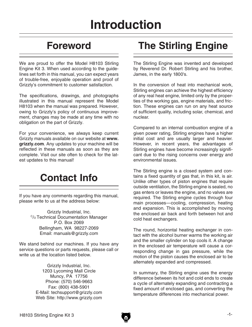 Introduction, Foreword, Contact info | The stirling engine | Grizzly STIRLING ENGINE KIT 3 H8103 User Manual | Page 3 / 28