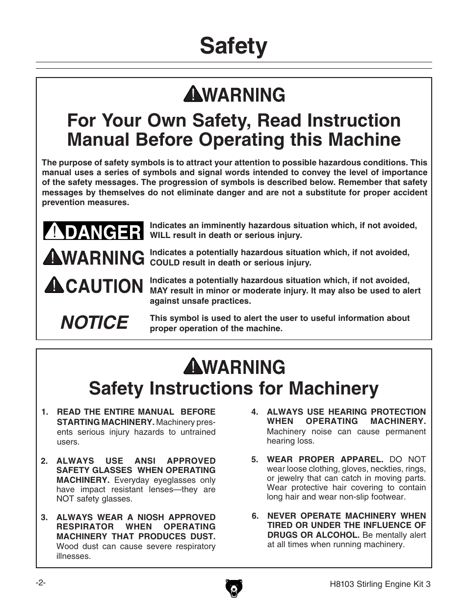 Safety, Notice, Safety instructions for machinery | Grizzly STIRLING ENGINE KIT 3 H8103 User Manual | Page 4 / 28
