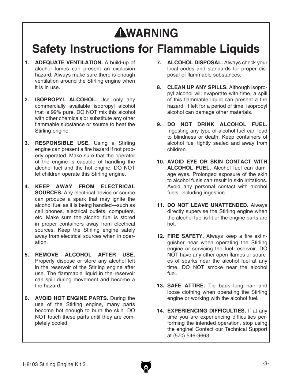 Safety instructions for flammable liquids | Grizzly STIRLING ENGINE KIT 3 H8103 User Manual | Page 5 / 28