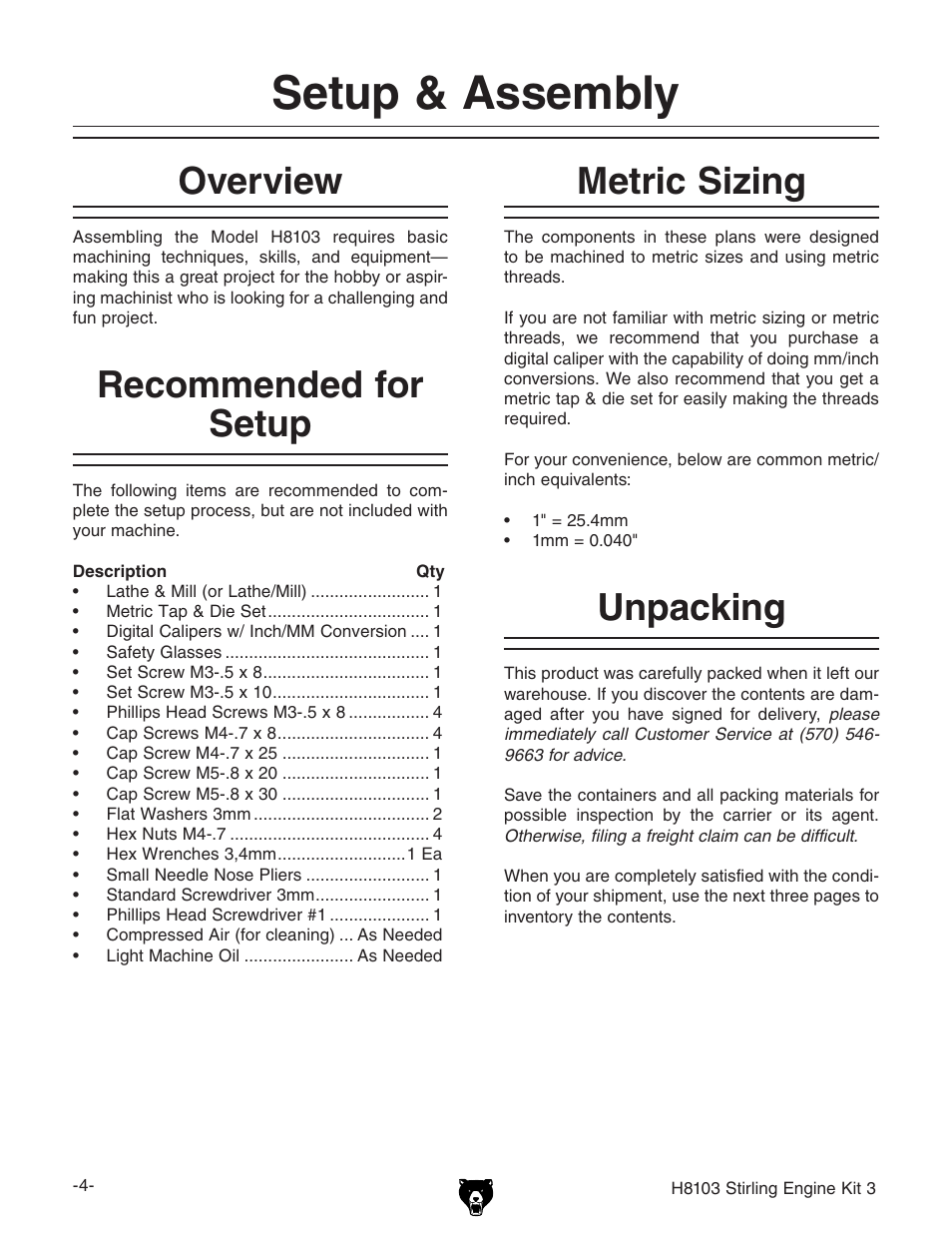 Setup & assembly, Recommended for setup, Unpacking metric sizing | Overview | Grizzly STIRLING ENGINE KIT 3 H8103 User Manual | Page 6 / 28