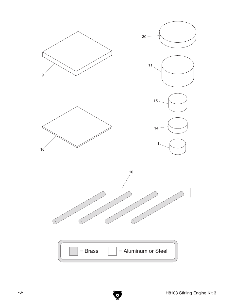 Brass = aluminum or steel | Grizzly STIRLING ENGINE KIT 3 H8103 User Manual | Page 8 / 28