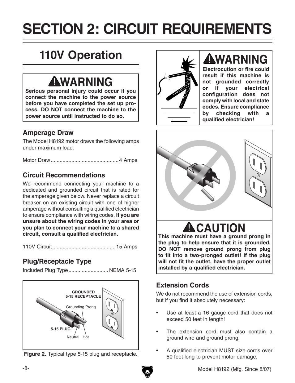 110v operation | Grizzly H8192 User Manual | Page 10 / 36