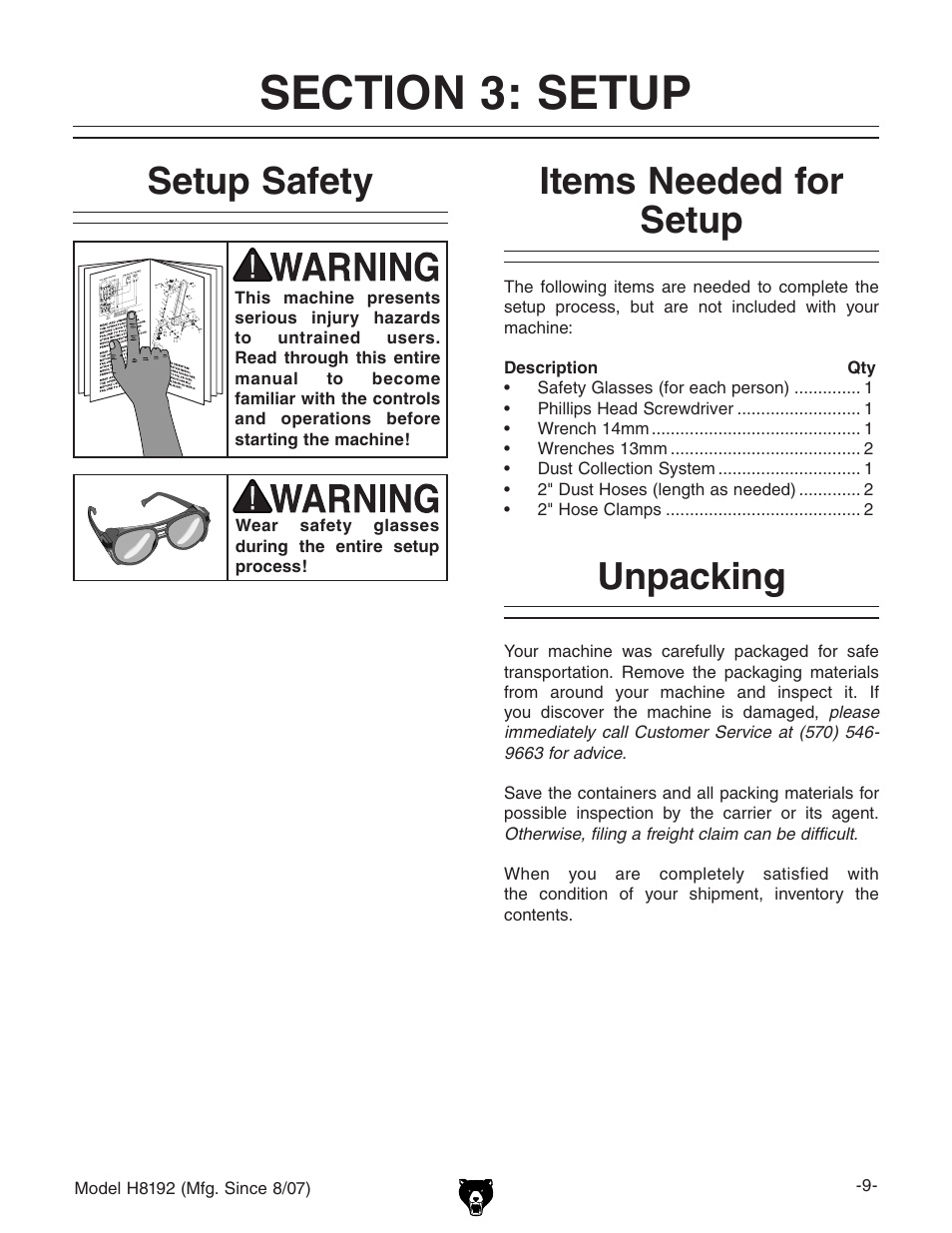 Setup safety, Items needed for setup, Unpacking | Grizzly H8192 User Manual | Page 11 / 36