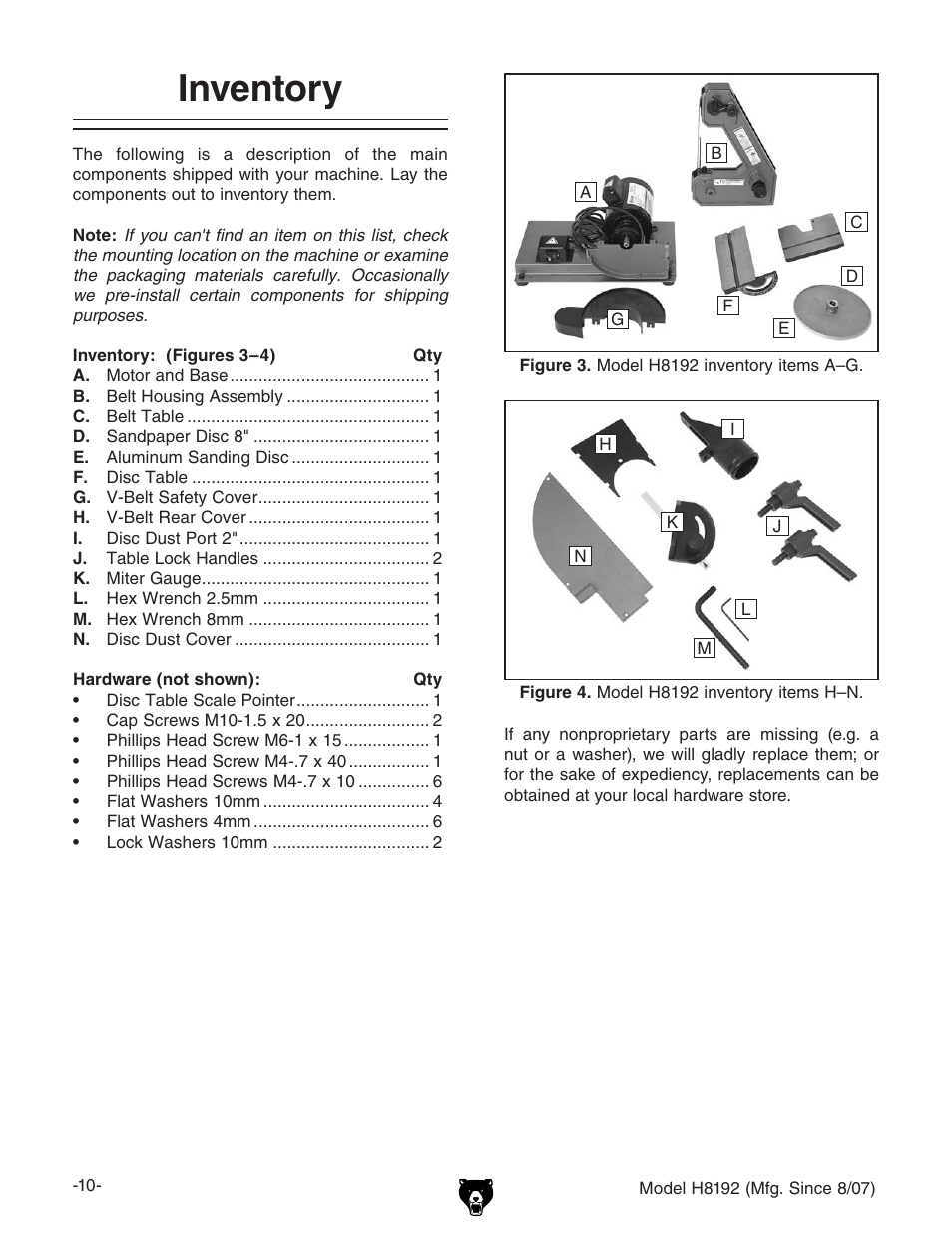 Inventory | Grizzly H8192 User Manual | Page 12 / 36