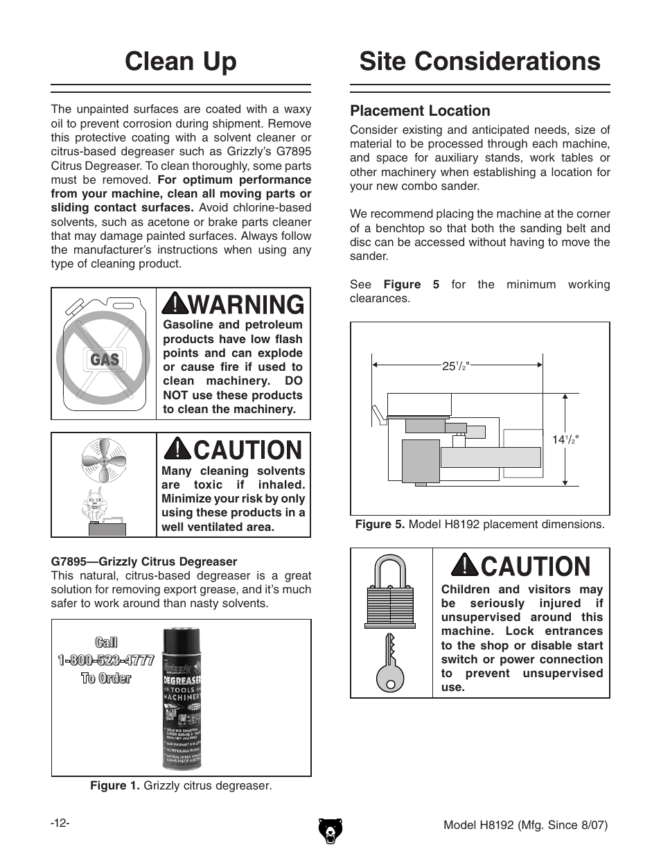 Site considerations clean up, Placement location | Grizzly H8192 User Manual | Page 14 / 36