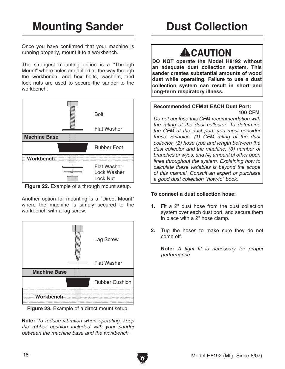 Mounting sander, Dust collection | Grizzly H8192 User Manual | Page 20 / 36
