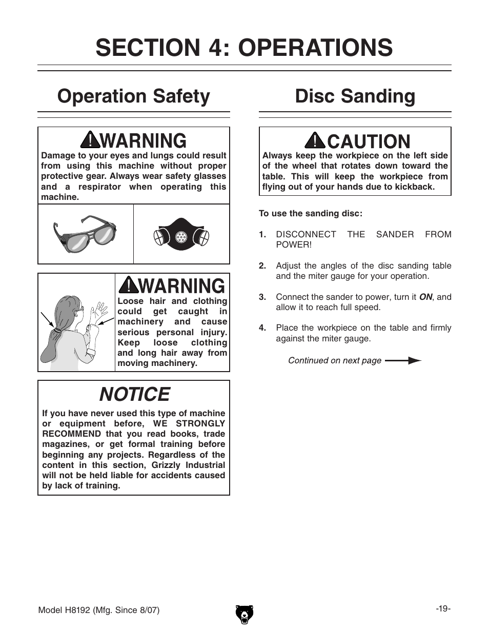 Notice, Operation safety disc sanding | Grizzly H8192 User Manual | Page 21 / 36