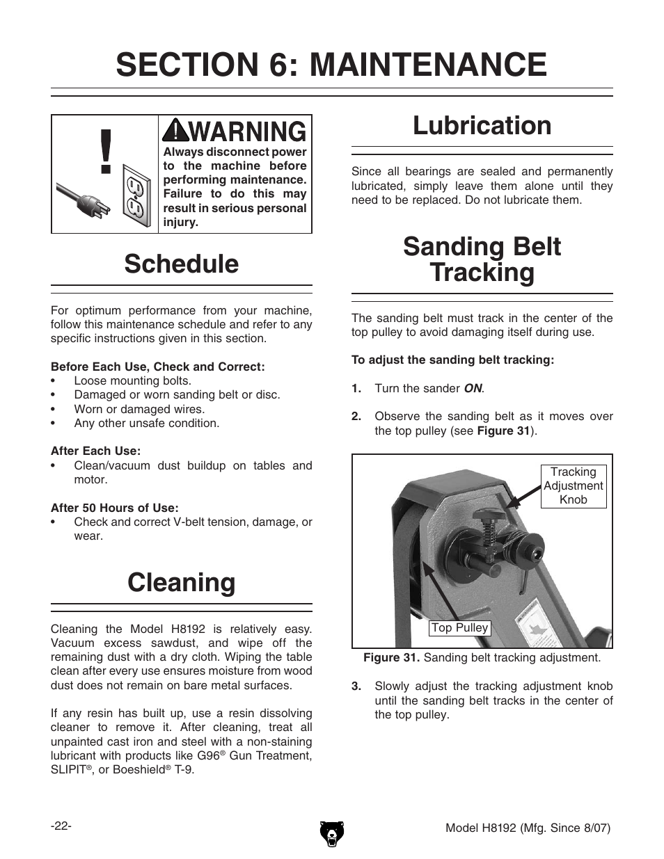 Schedule, Cleaning lubrication, Sanding belt tracking | Grizzly H8192 User Manual | Page 24 / 36