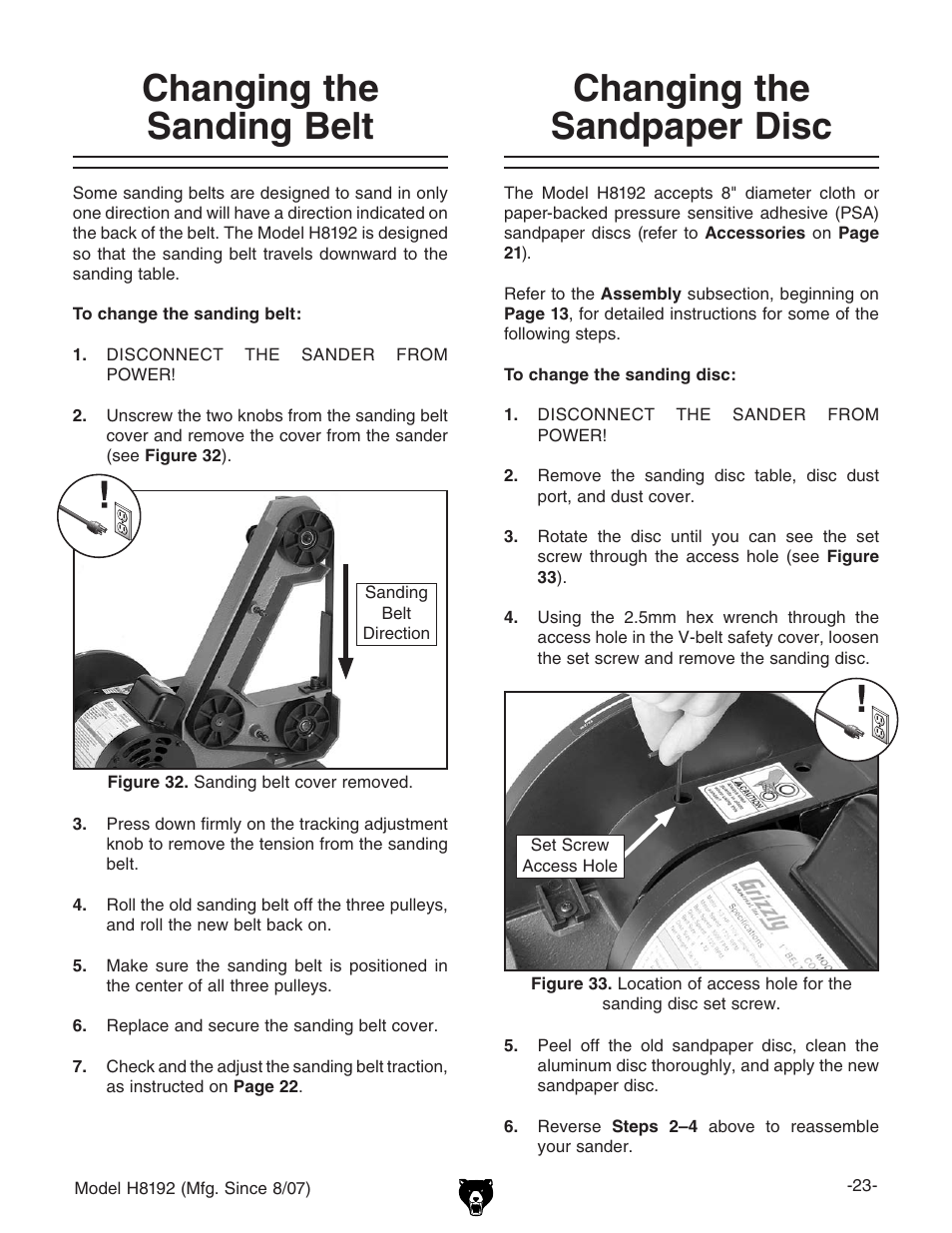 Changing the sanding belt, Changing the sandpaper disc | Grizzly H8192 User Manual | Page 25 / 36