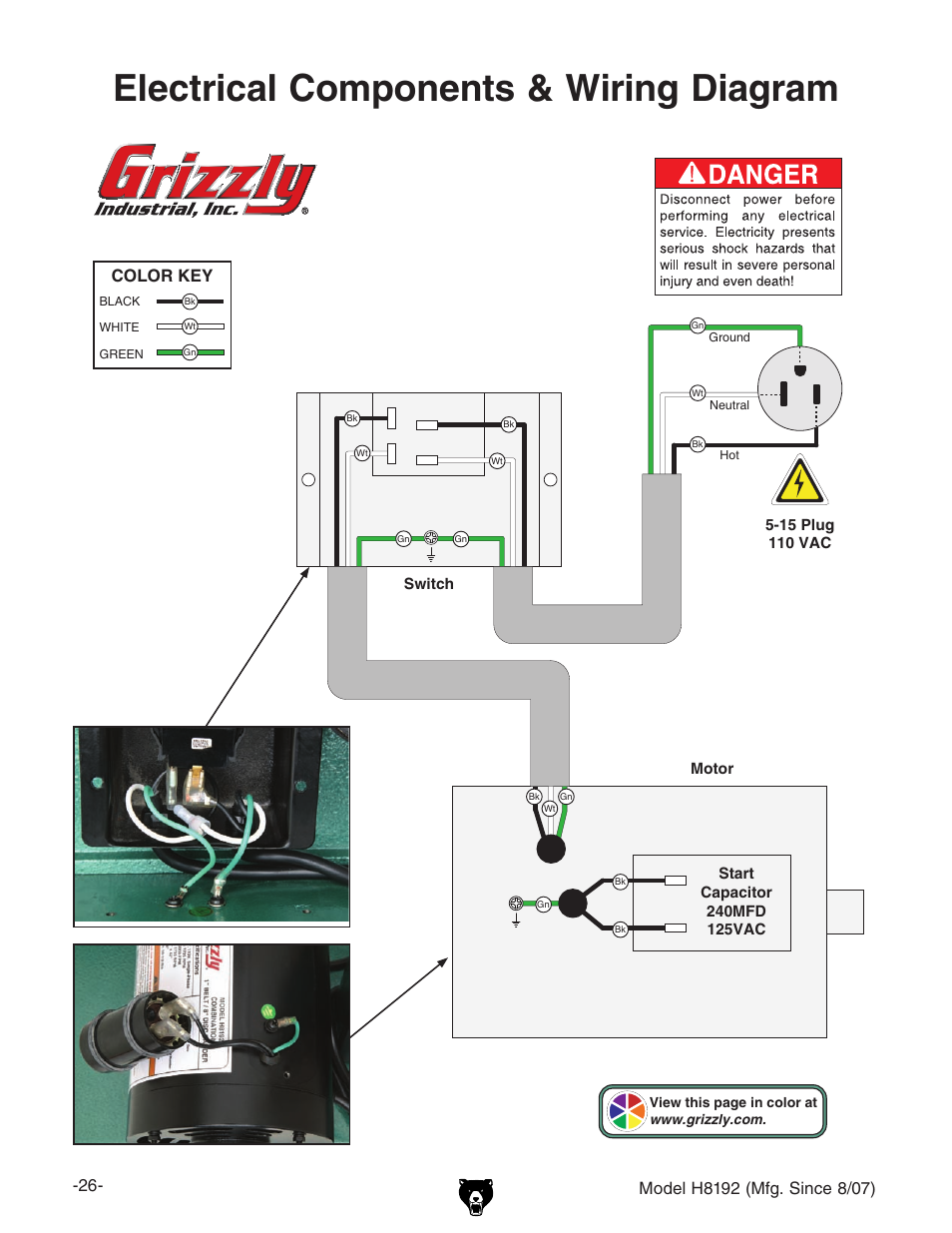 Electrical components & wiring diagram, Color key | Grizzly H8192 User Manual | Page 28 / 36