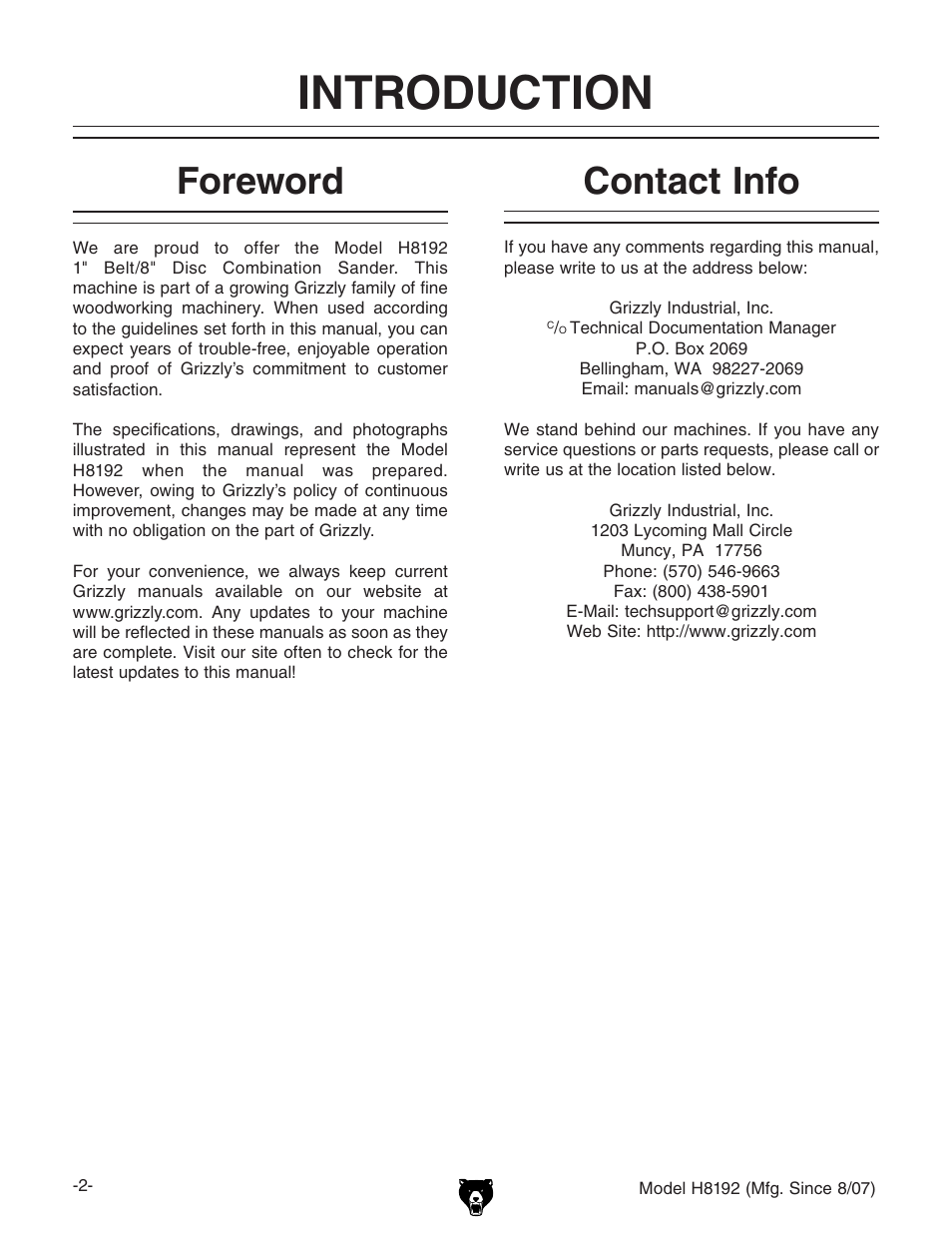 Introduction, Foreword, Contact info | Grizzly H8192 User Manual | Page 4 / 36