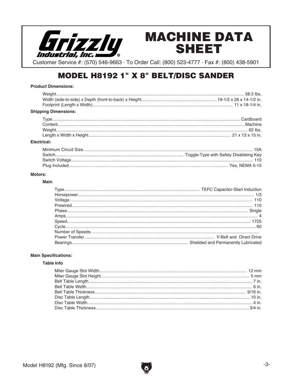 Machine data sheet | Grizzly H8192 User Manual | Page 5 / 36
