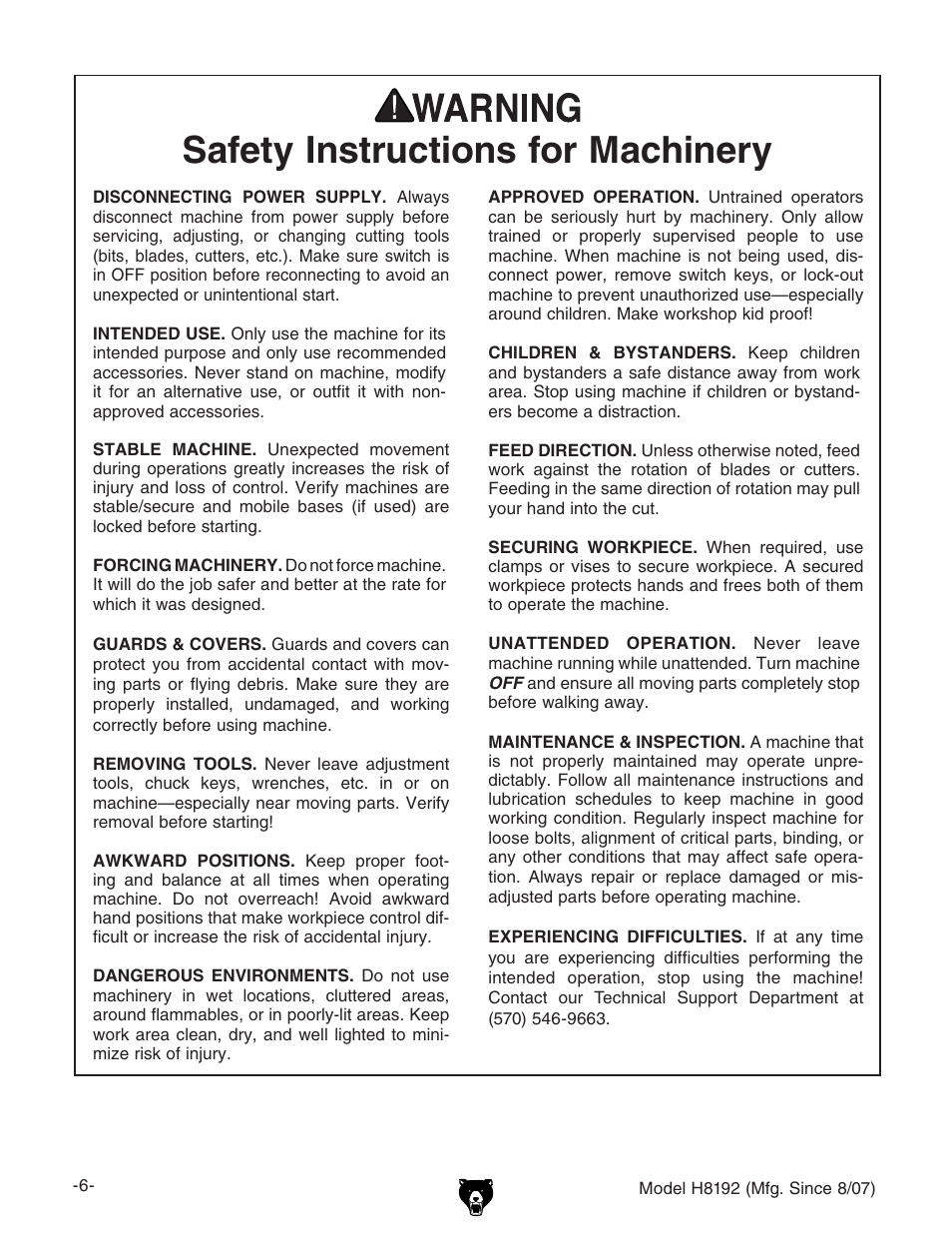 Safety instructions for machinery | Grizzly H8192 User Manual | Page 8 / 36