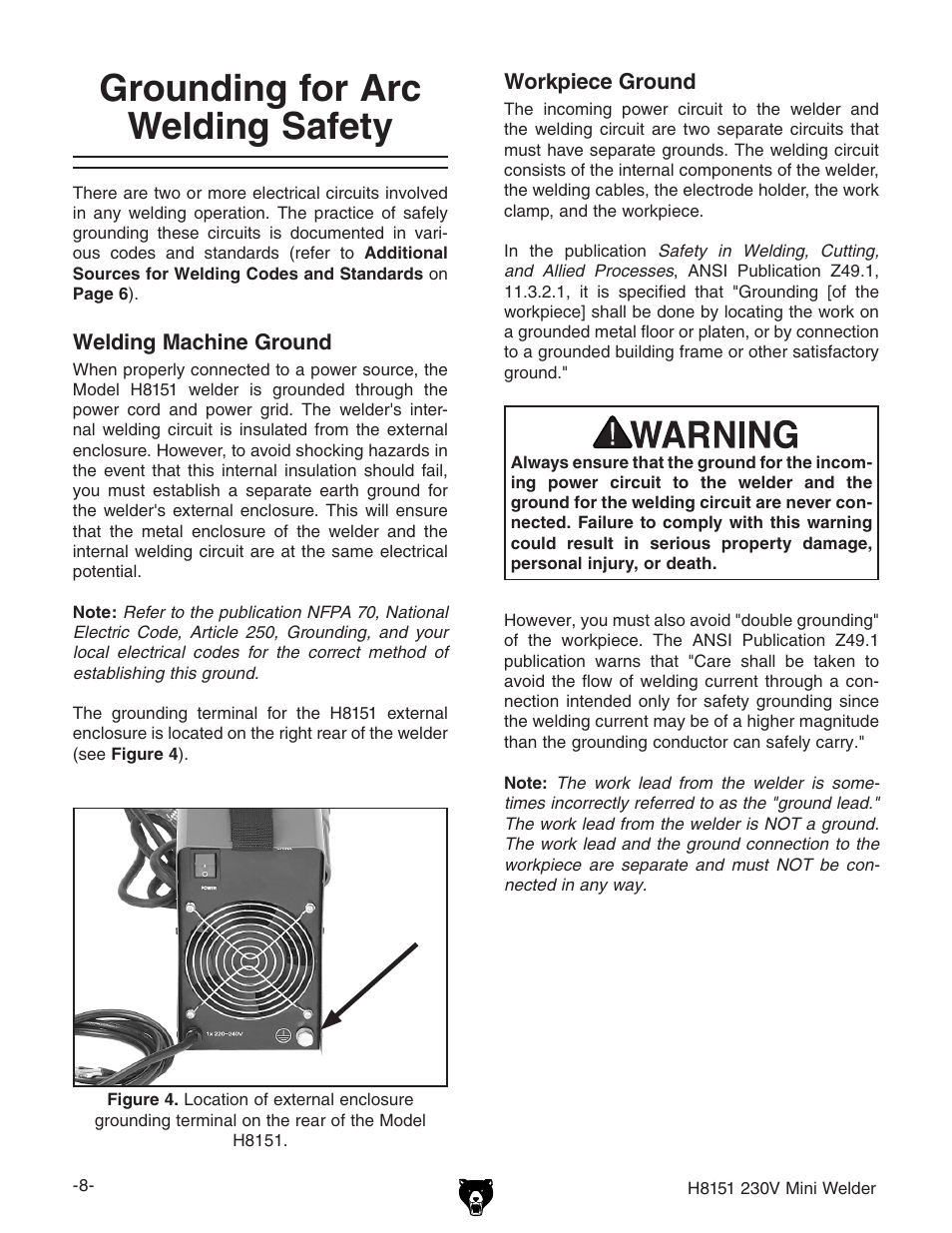 Grounding for arc welding safety | Grizzly 230V User Manual | Page 10 / 20