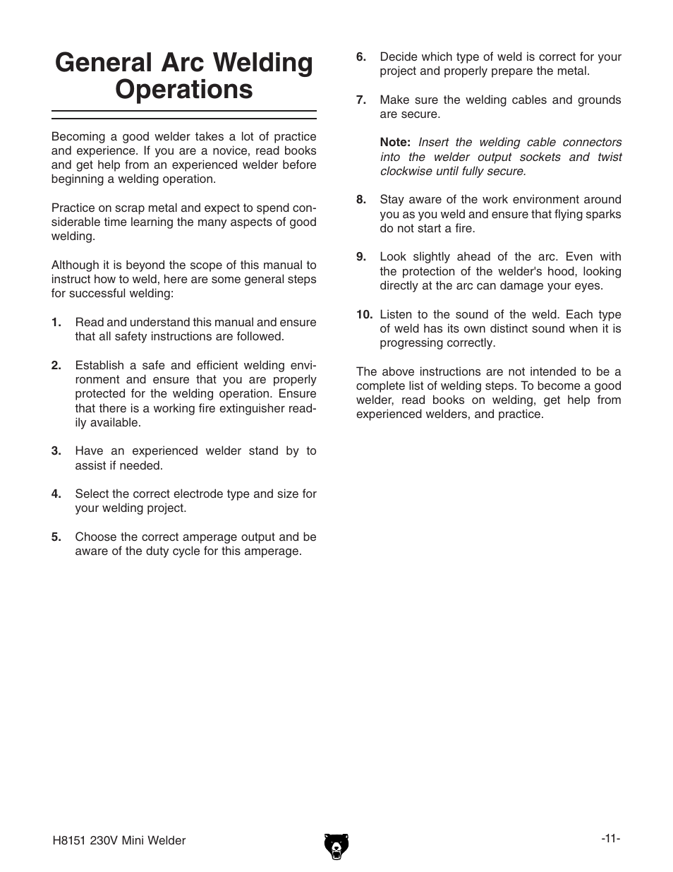 General arc welding operations | Grizzly 230V User Manual | Page 13 / 20