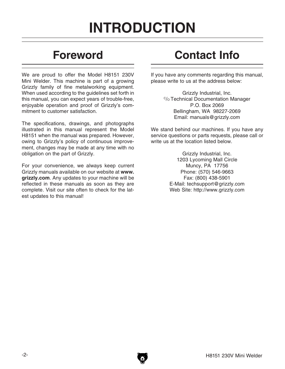 Introduction, Foreword, Contact info | Grizzly 230V User Manual | Page 4 / 20