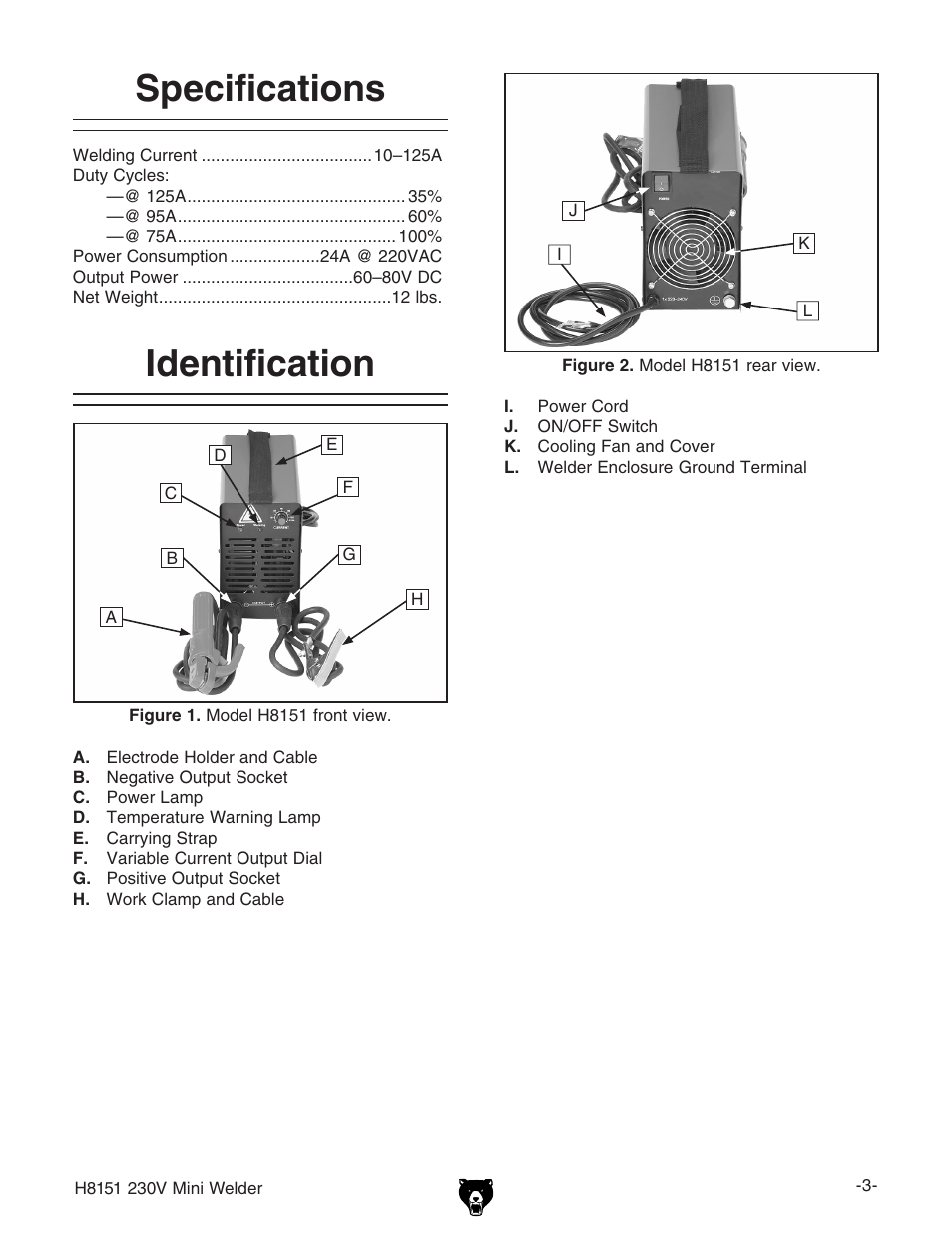 Specifications, Identification | Grizzly 230V User Manual | Page 5 / 20