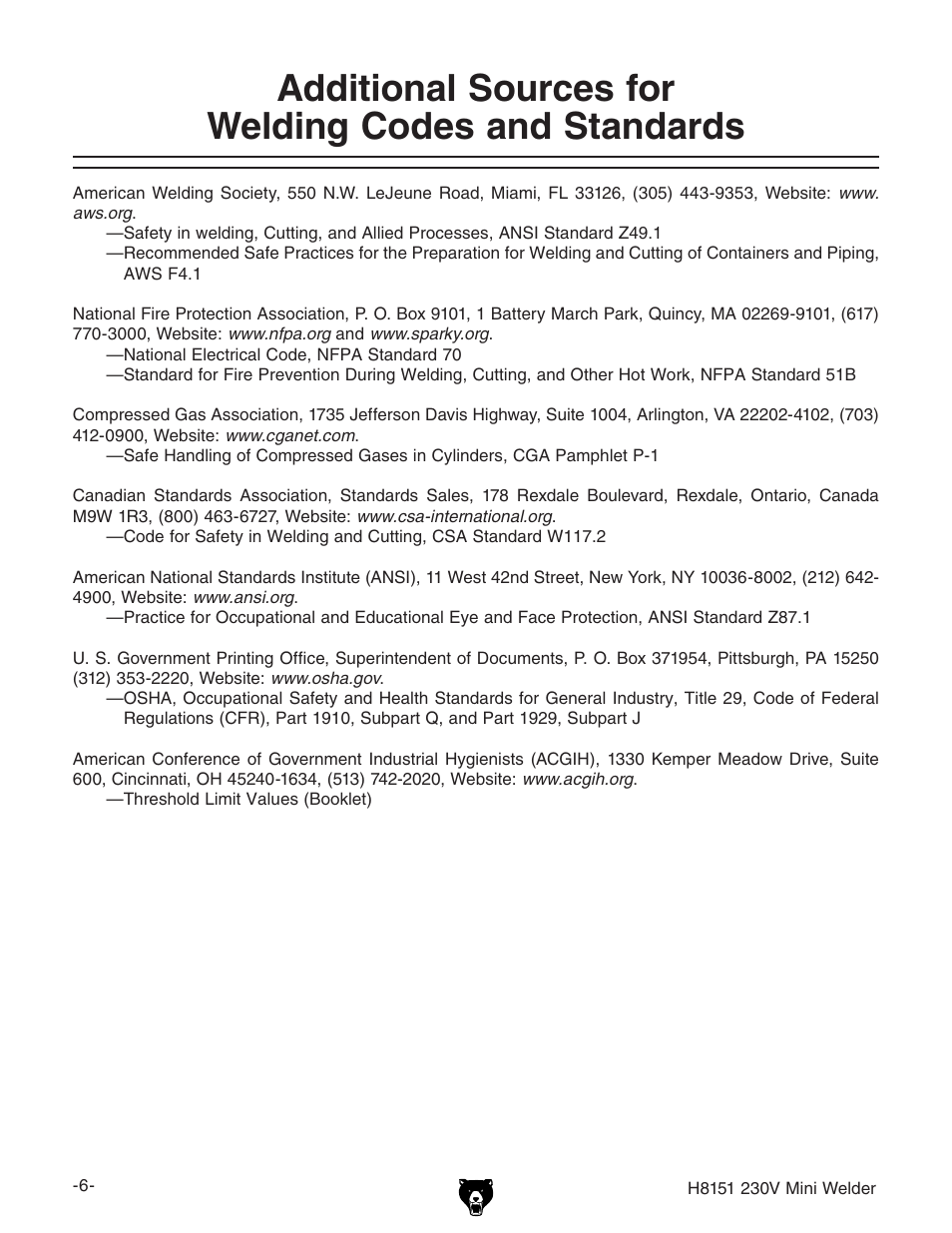 Additional sources for welding codes and standards | Grizzly 230V User Manual | Page 8 / 20