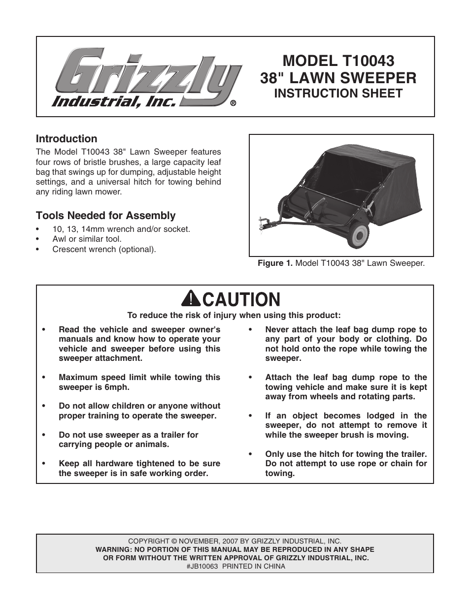 Grizzly 38" LAWN SWEEPER T10043 User Manual | 10 pages