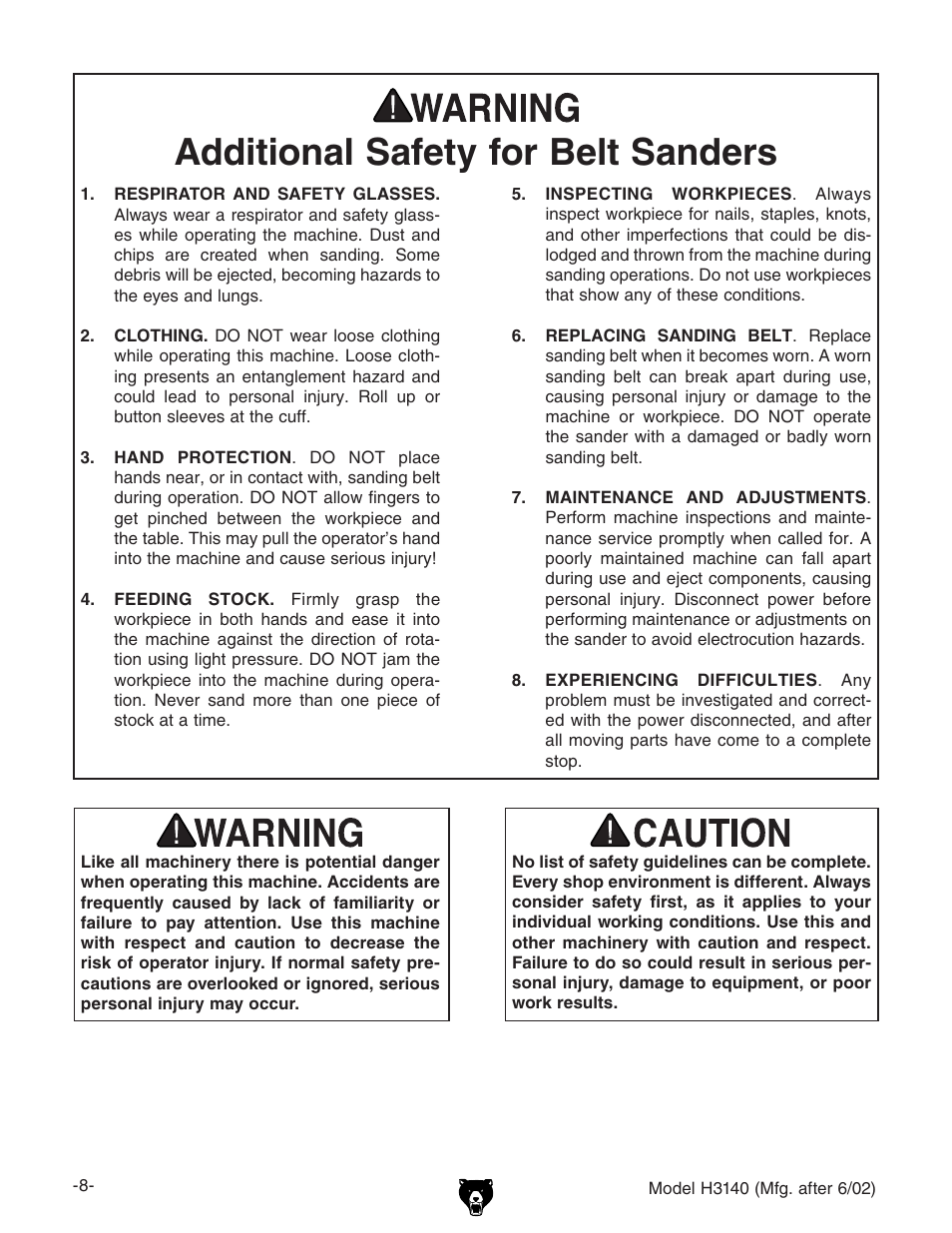 Additional safety for belt sanders | Grizzly H3140 User Manual | Page 10 / 32
