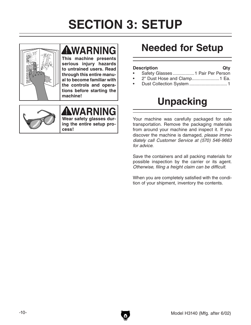 Needed for setup, Unpacking | Grizzly H3140 User Manual | Page 12 / 32
