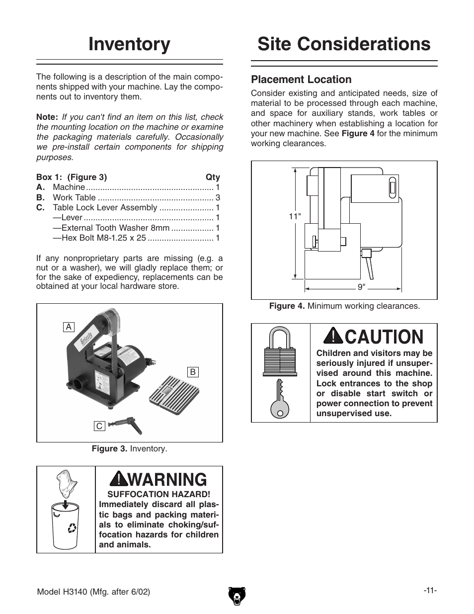 Inventory, Site considerations | Grizzly H3140 User Manual | Page 13 / 32