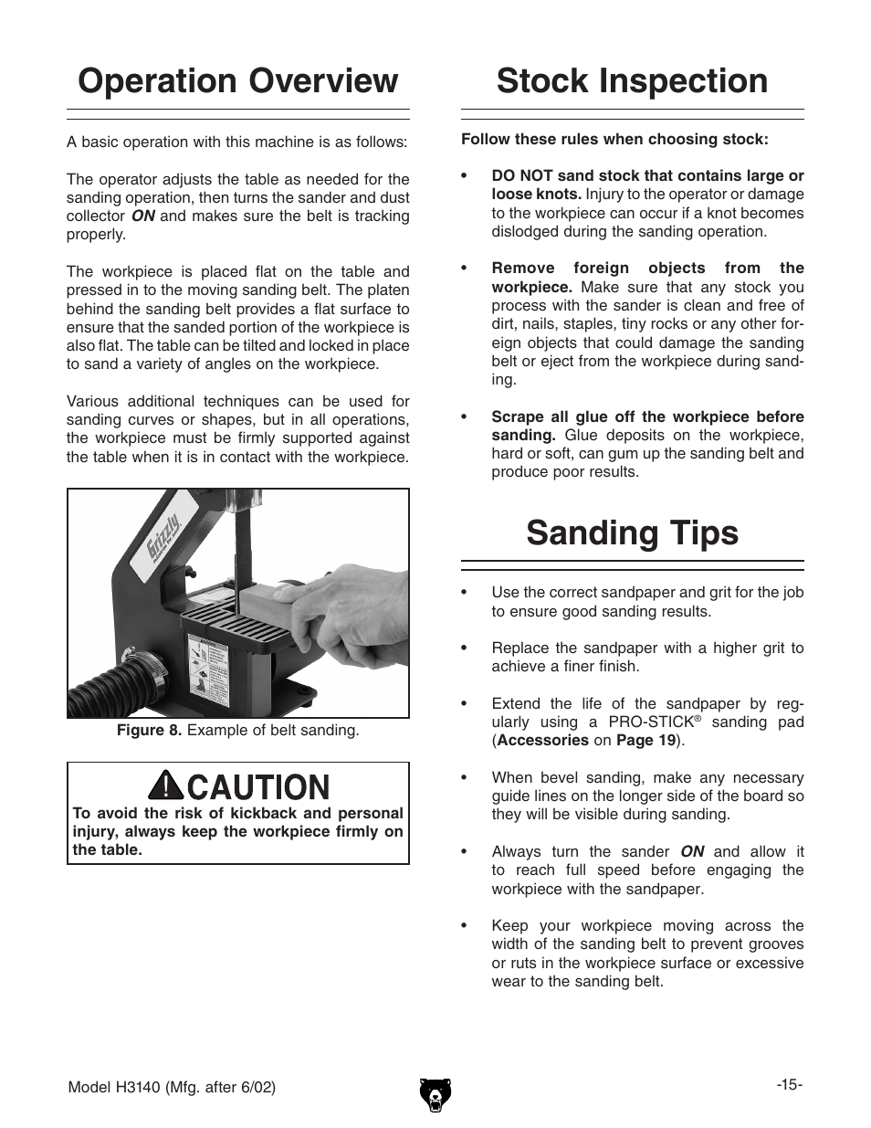 Operation overview stock inspection, Sanding tips | Grizzly H3140 User Manual | Page 17 / 32