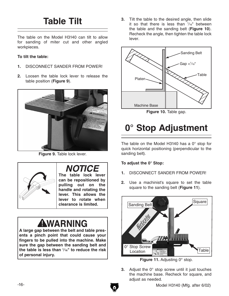 Table tilt, Notice, 0° stop adjustment | Grizzly H3140 User Manual | Page 18 / 32
