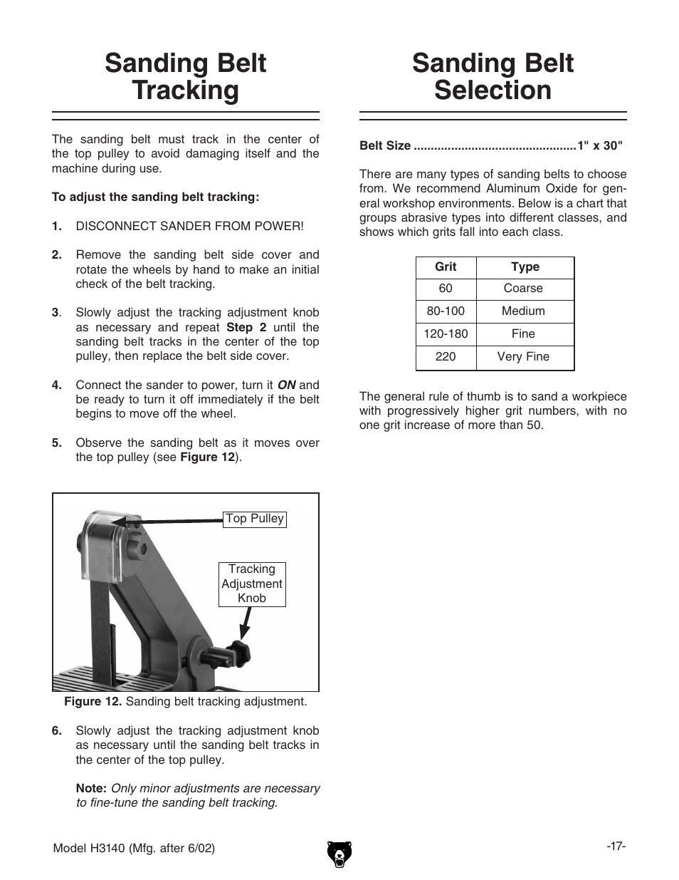 Sanding belt tracking, Sanding belt selection | Grizzly H3140 User Manual | Page 19 / 32